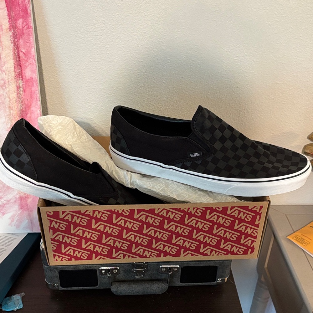 Vans Slip-On Checkerboard Canvas Loafers in Black